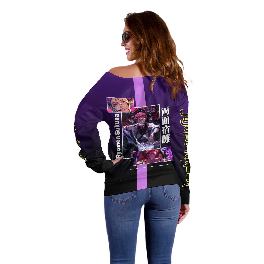 Ryomen Sukuna from Jujutsu Kaisen Off Shoulder Sweater with Purple Background and Multiple Poses Design - The Mazicc