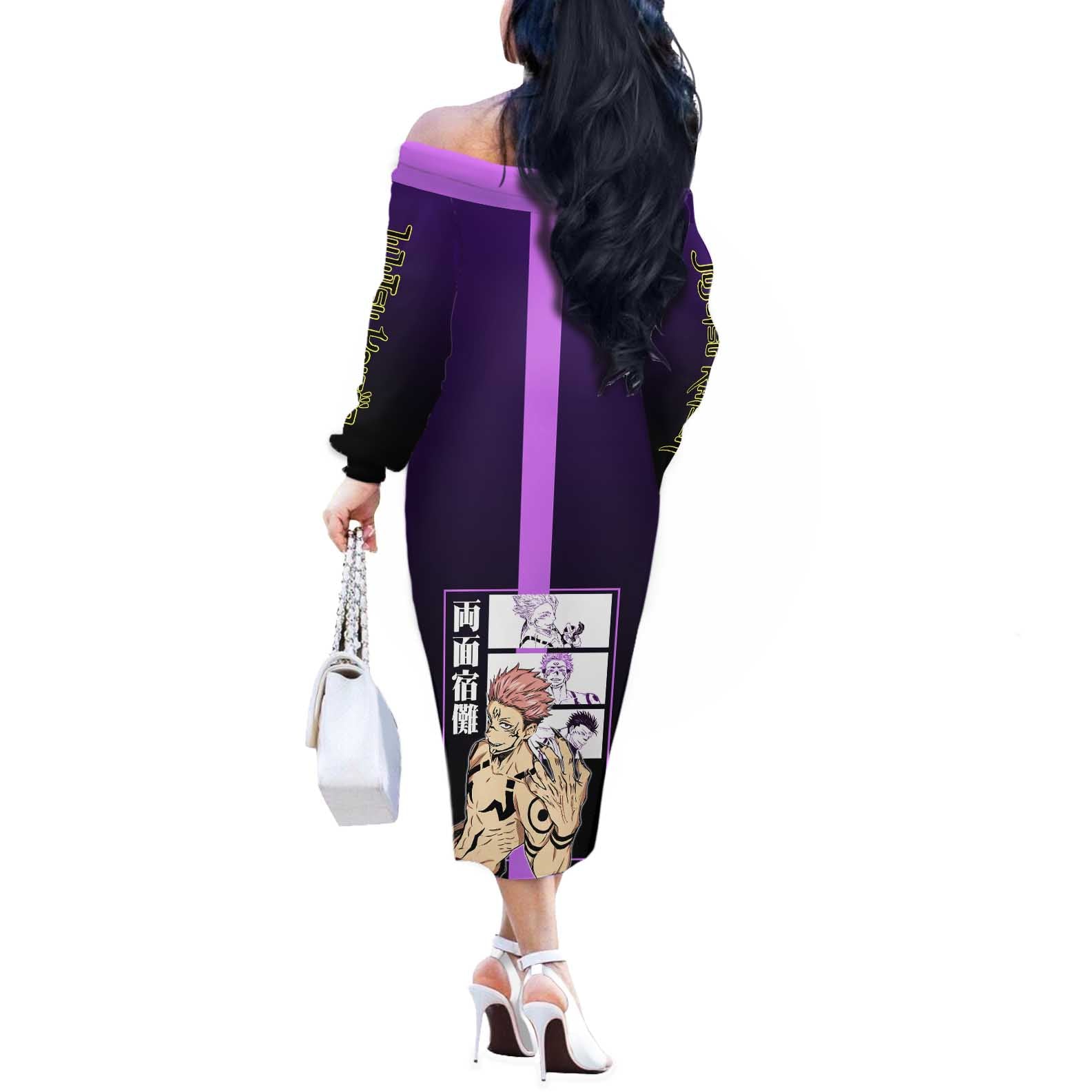 Ryomen Sukuna from Jujutsu Kaisen Off The Shoulder Long Sleeve Dress with Purple Background and Multiple Poses Design - The Mazicc
