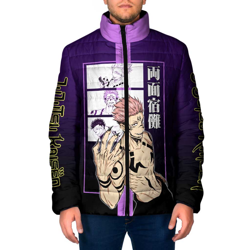 Ryomen Sukuna from Jujutsu Kaisen Padded Jacket with Purple Background and Multiple Poses Design - The Mazicc