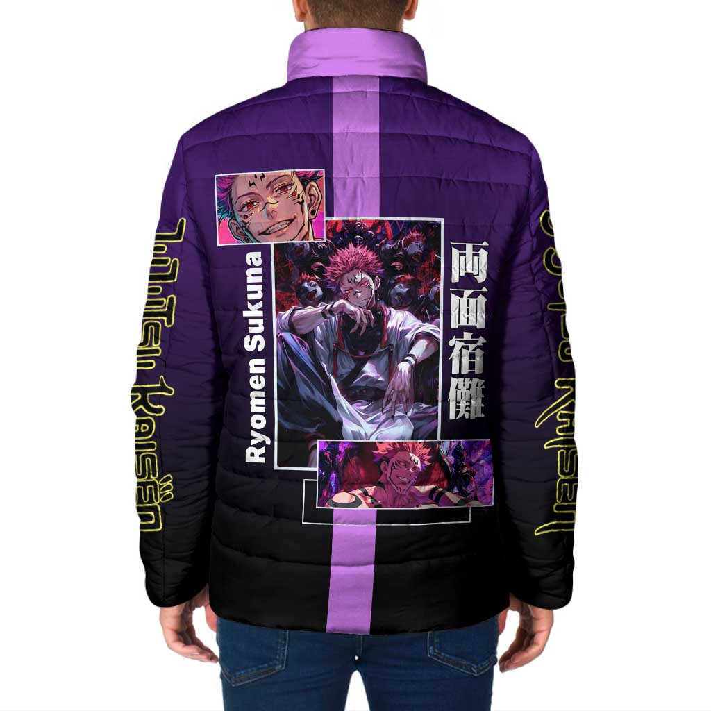 Ryomen Sukuna from Jujutsu Kaisen Padded Jacket with Purple Background and Multiple Poses Design - The Mazicc