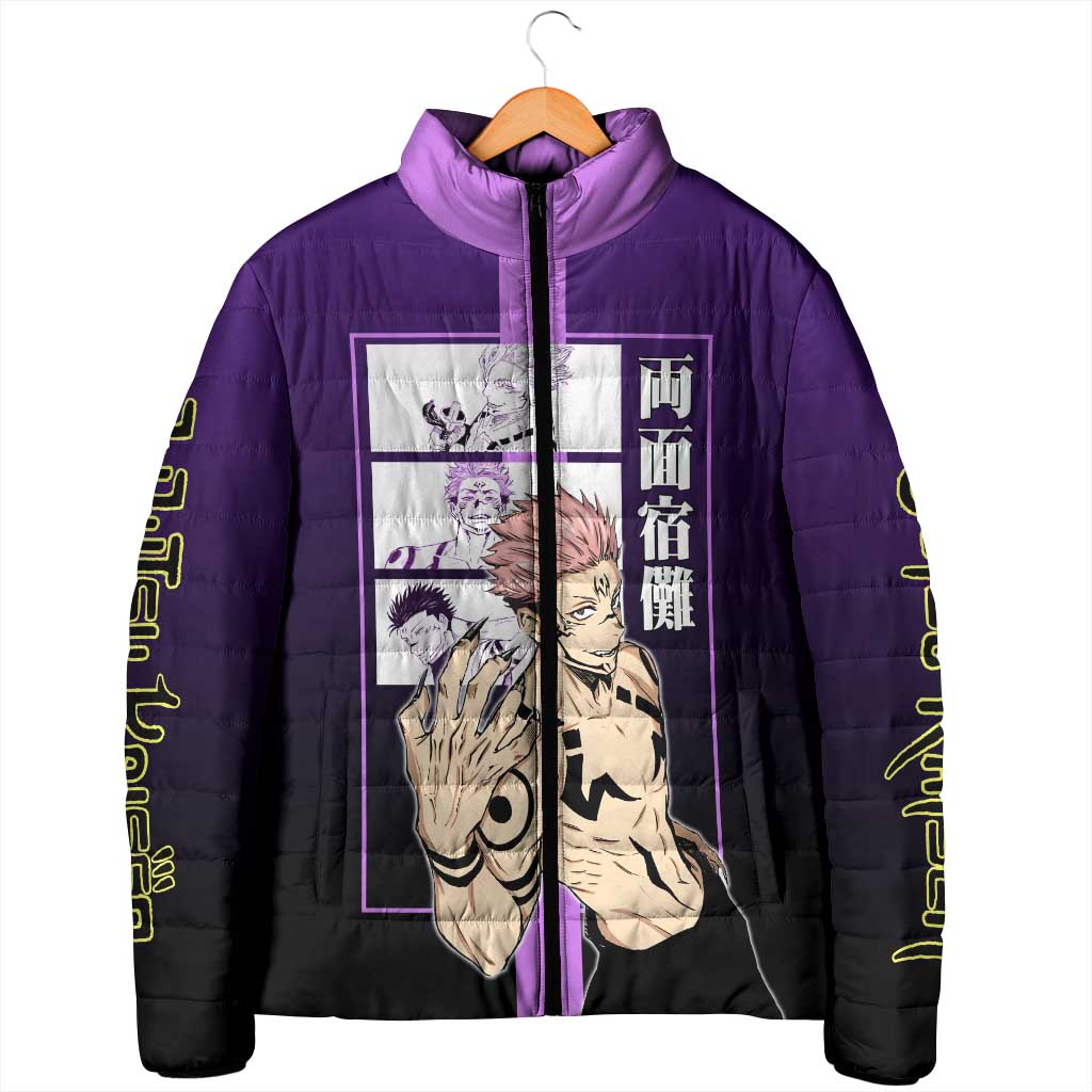 Ryomen Sukuna from Jujutsu Kaisen Padded Jacket with Purple Background and Multiple Poses Design - The Mazicc