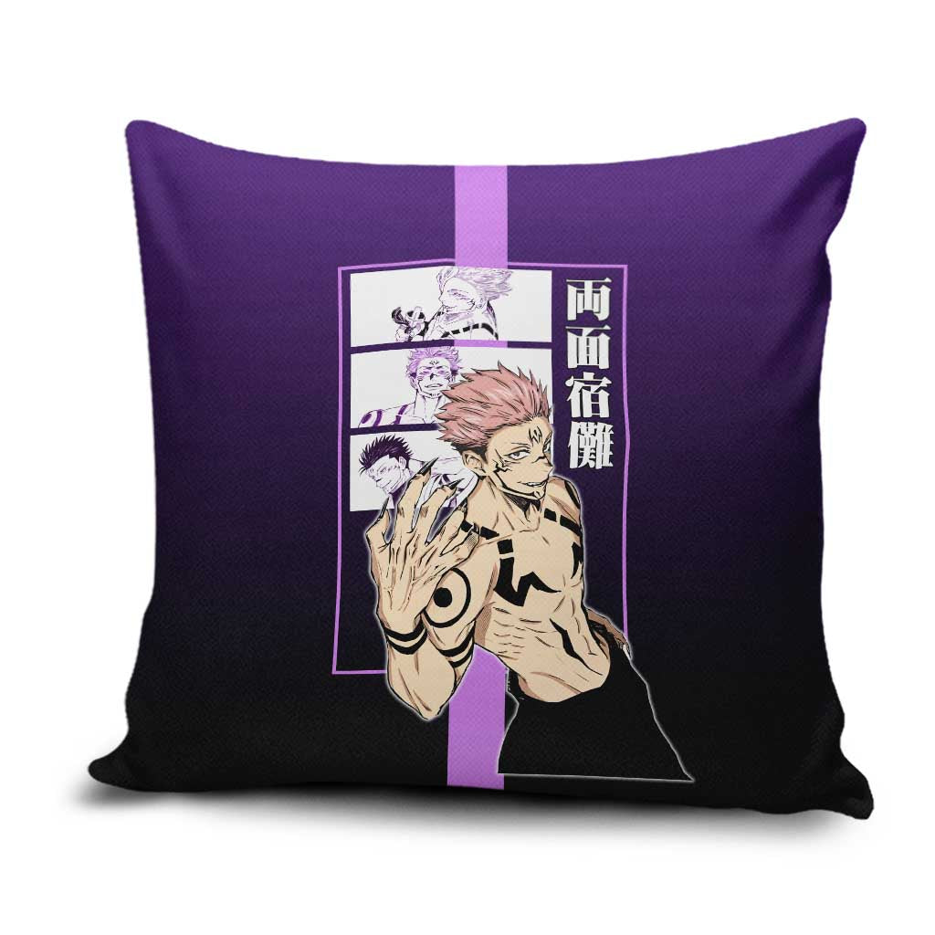 Ryomen Sukuna from Jujutsu Kaisen Pillow Cover with Purple Background and Multiple Poses Design - The Mazicc