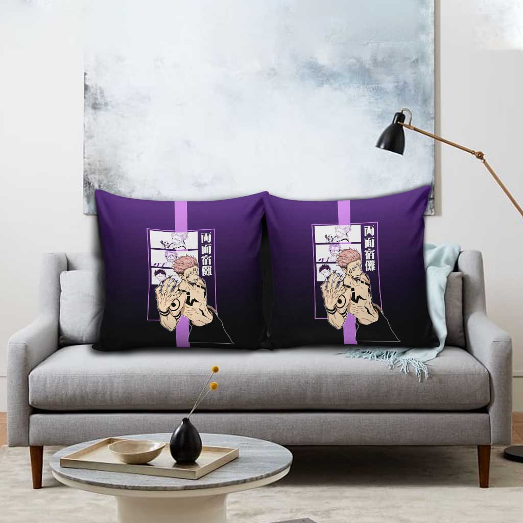Ryomen Sukuna from Jujutsu Kaisen Pillow Cover with Purple Background and Multiple Poses Design - The Mazicc