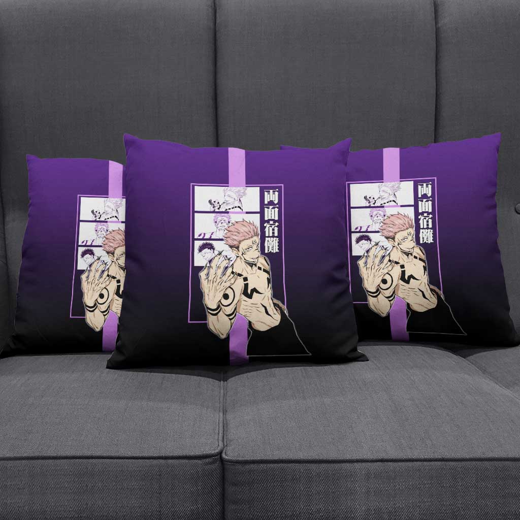 Ryomen Sukuna from Jujutsu Kaisen Pillow Cover with Purple Background and Multiple Poses Design - The Mazicc