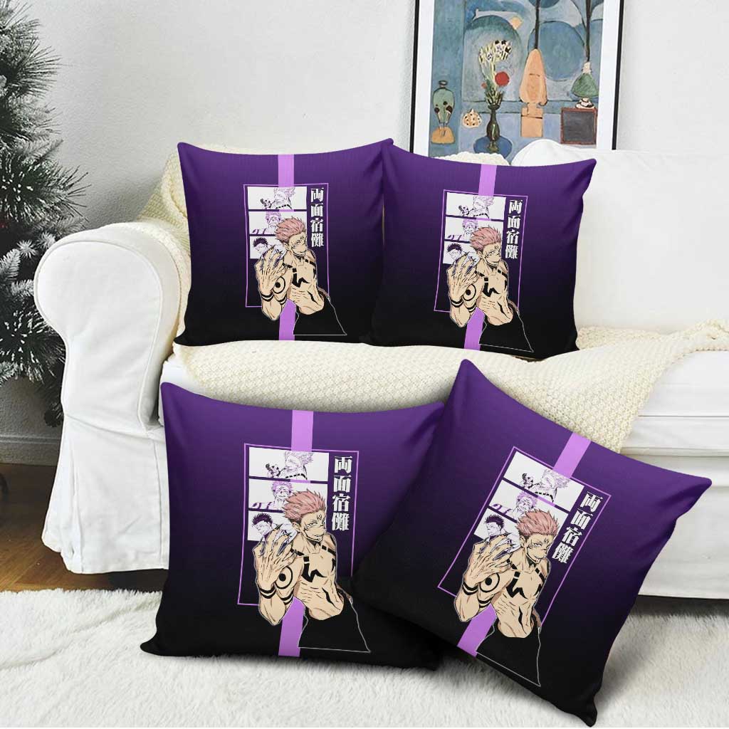 Ryomen Sukuna from Jujutsu Kaisen Pillow Cover with Purple Background and Multiple Poses Design - The Mazicc