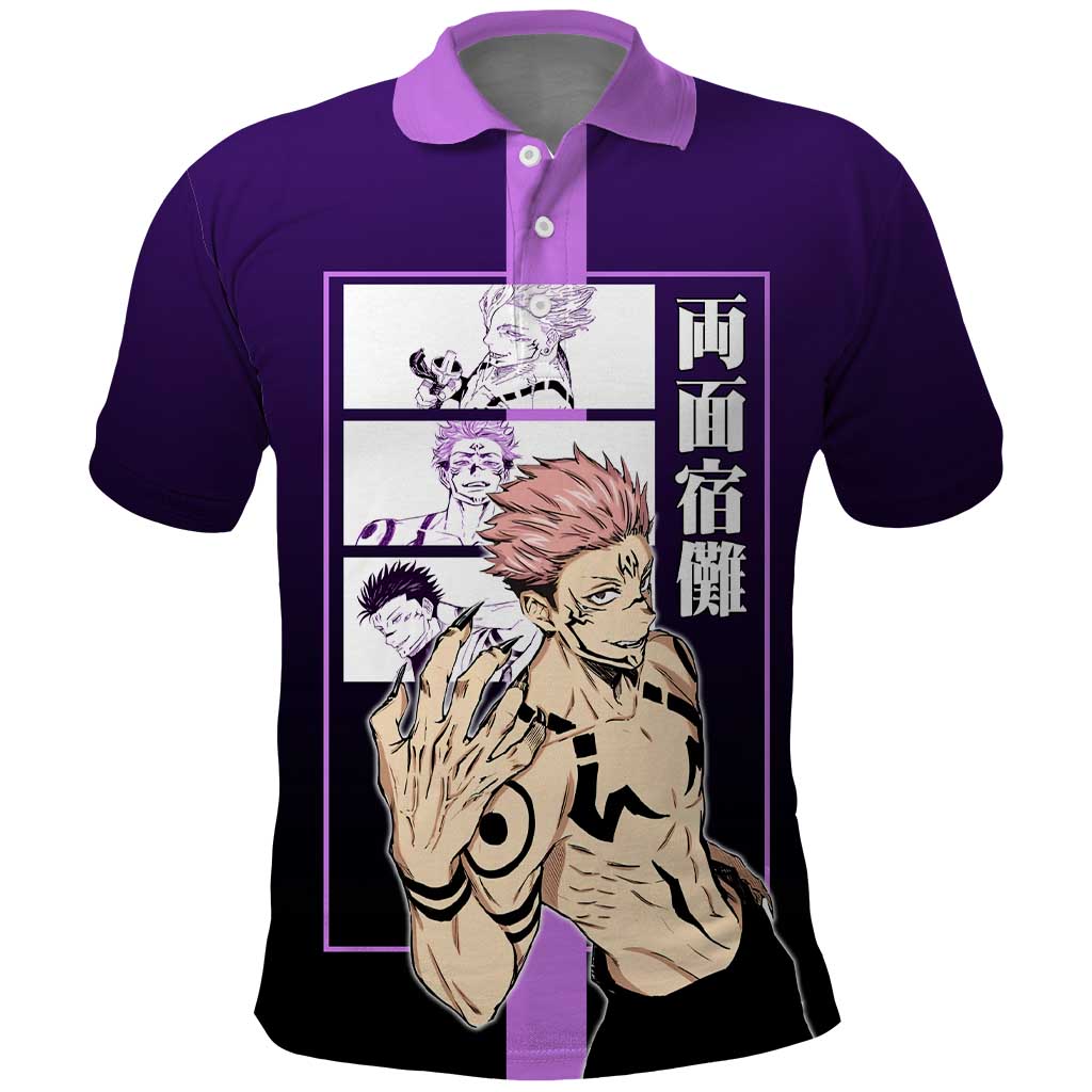 Ryomen Sukuna from Jujutsu Kaisen Polo Shirt with Purple Background and Multiple Poses Design - The Mazicc