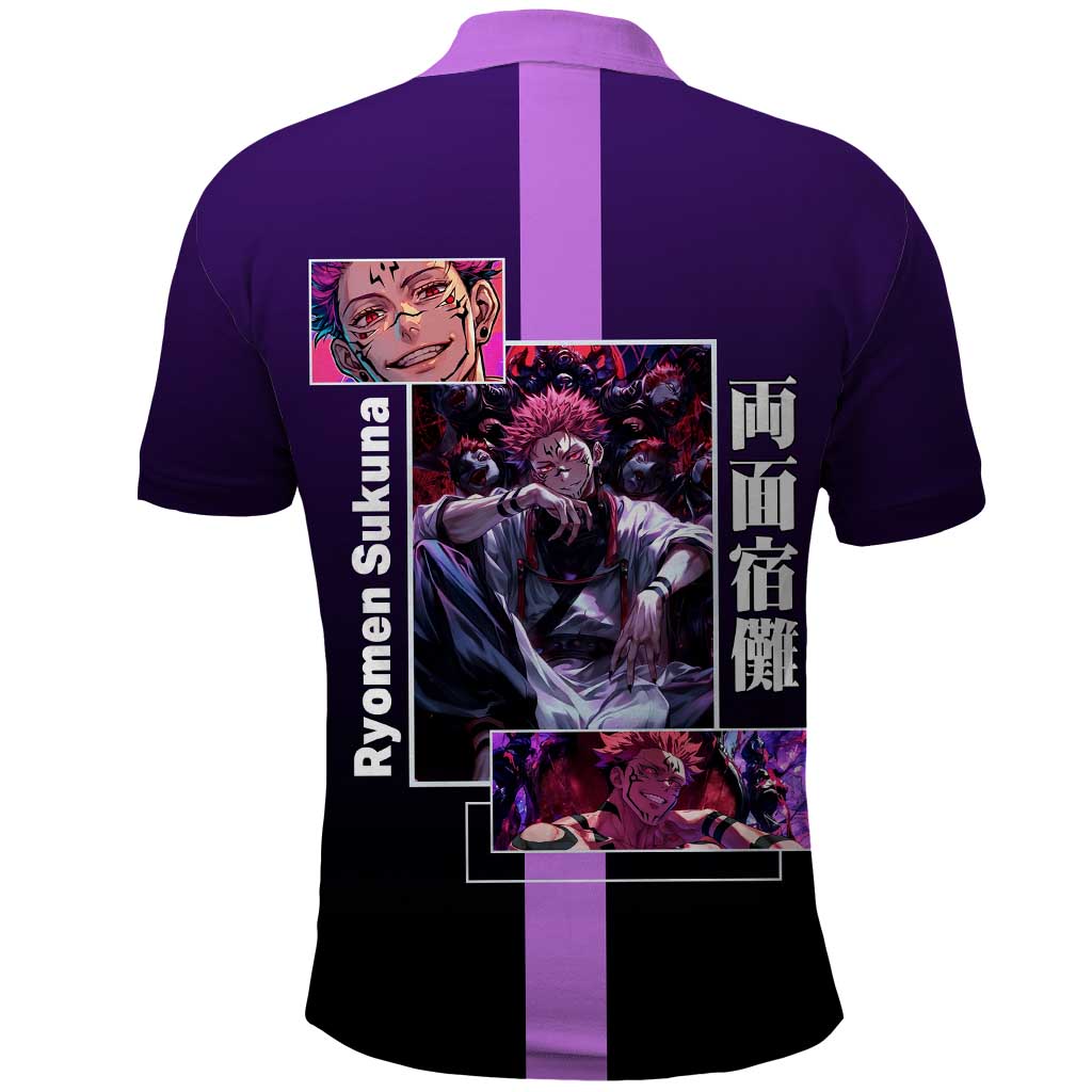 Ryomen Sukuna from Jujutsu Kaisen Polo Shirt with Purple Background and Multiple Poses Design - The Mazicc