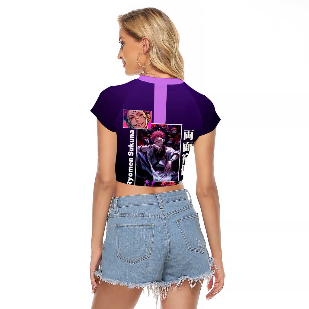 Ryomen Sukuna from Jujutsu Kaisen Raglan Cropped T Shirt with Purple Background and Multiple Poses Design - The Mazicc
