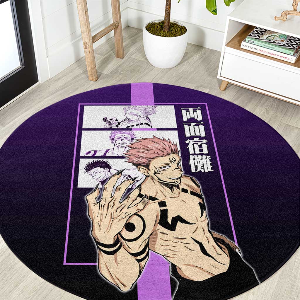 Ryomen Sukuna from Jujutsu Kaisen Round Carpet with Purple Background and Multiple Poses Design - The Mazicc