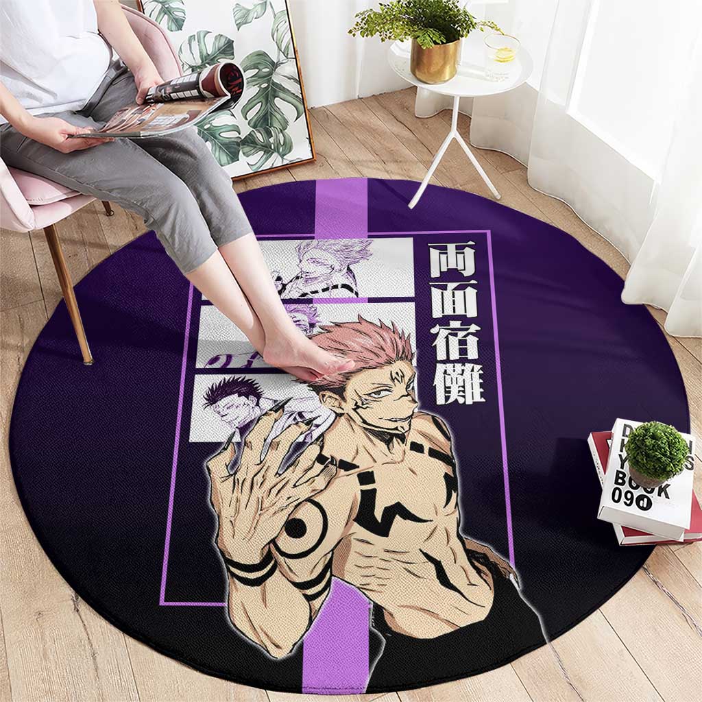 Ryomen Sukuna from Jujutsu Kaisen Round Carpet with Purple Background and Multiple Poses Design - The Mazicc