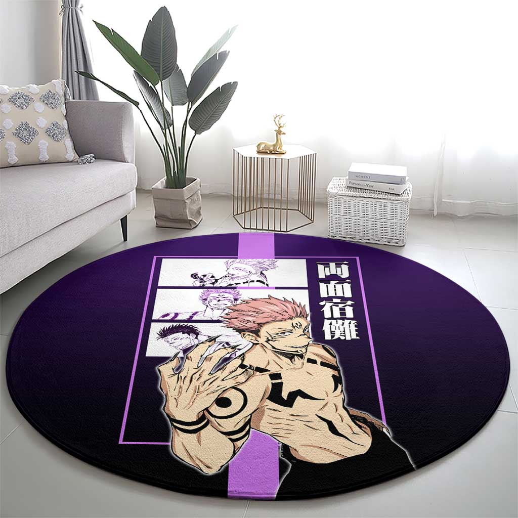 Ryomen Sukuna from Jujutsu Kaisen Round Carpet with Purple Background and Multiple Poses Design - The Mazicc
