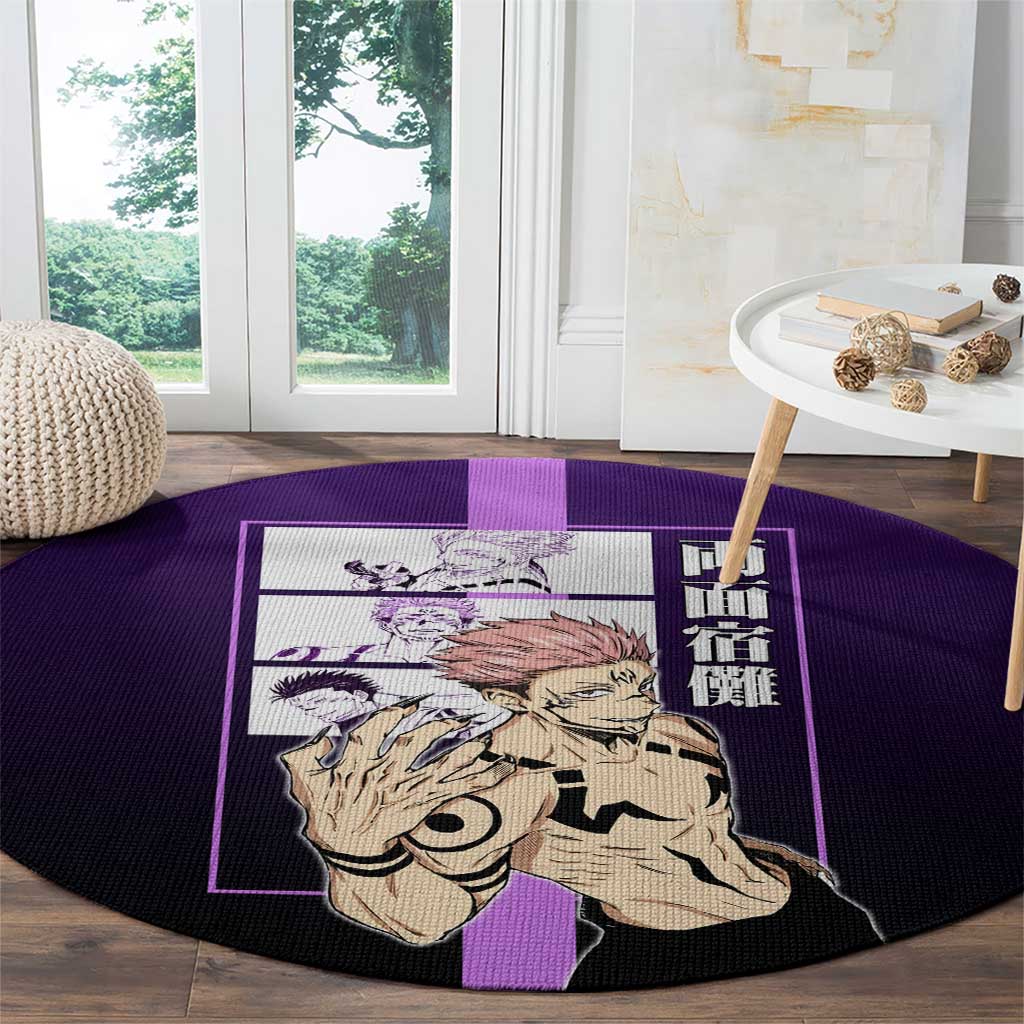 Ryomen Sukuna from Jujutsu Kaisen Round Carpet with Purple Background and Multiple Poses Design - The Mazicc