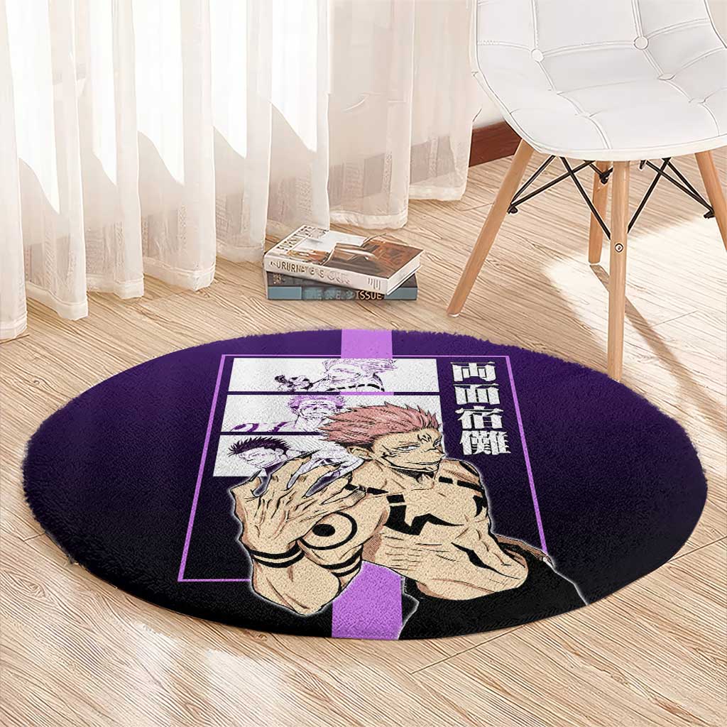 Ryomen Sukuna from Jujutsu Kaisen Round Carpet with Purple Background and Multiple Poses Design - The Mazicc