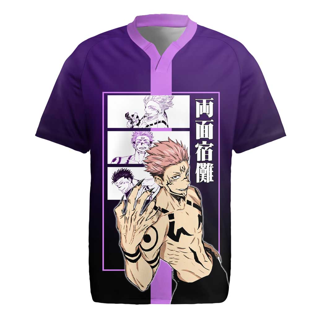 Ryomen Sukuna from Jujutsu Kaisen Rugby Jersey with Purple Background and Multiple Poses Design - The Mazicc