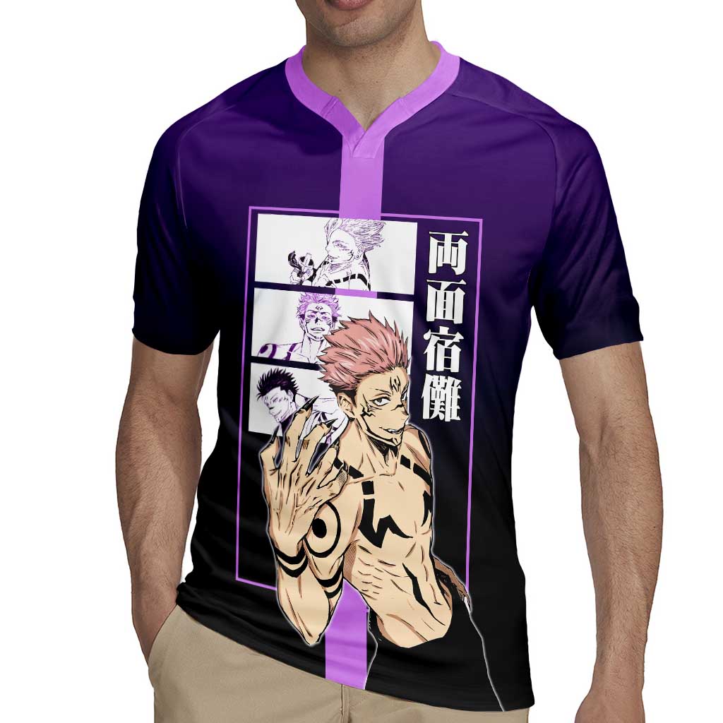 Ryomen Sukuna from Jujutsu Kaisen Rugby Jersey with Purple Background and Multiple Poses Design - The Mazicc