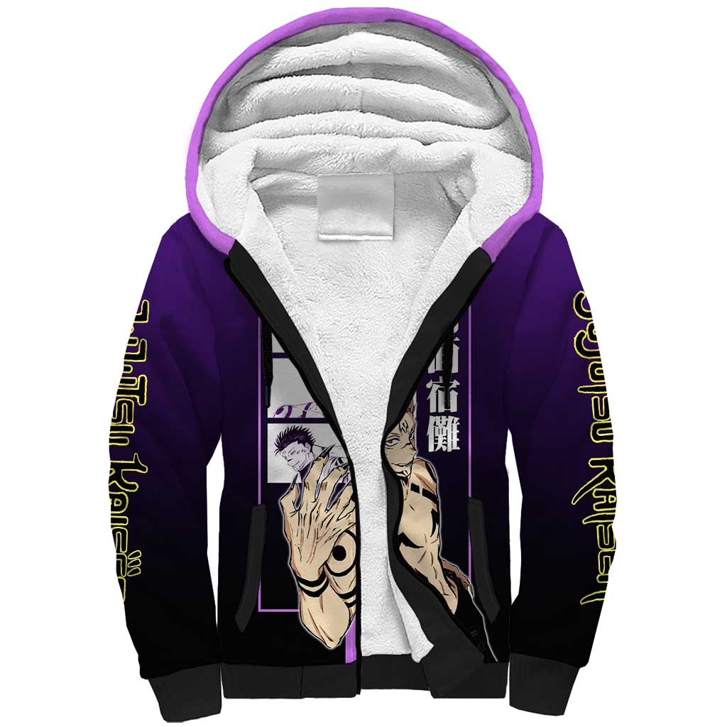 Ryomen Sukuna from Jujutsu Kaisen Sherpa Hoodie with Purple Background and Multiple Poses Design - The Mazicc