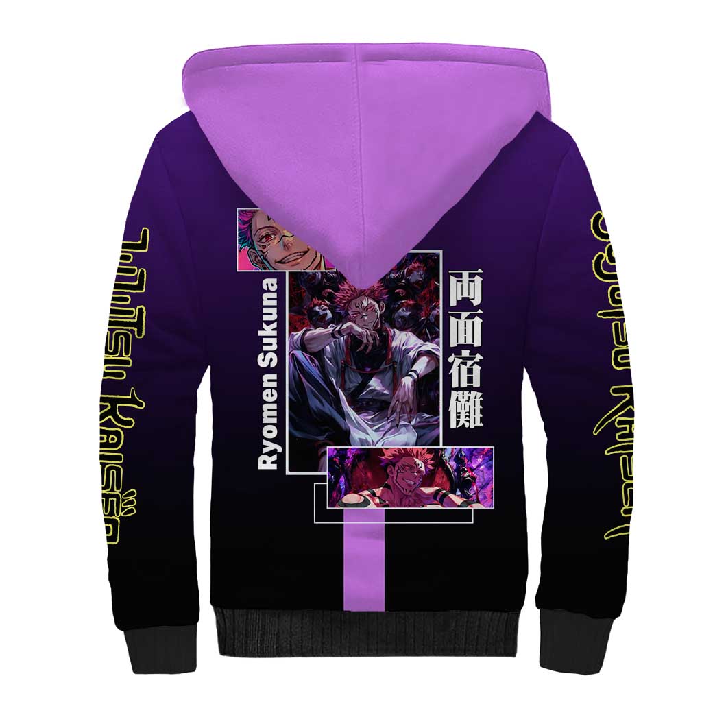 Ryomen Sukuna from Jujutsu Kaisen Sherpa Hoodie with Purple Background and Multiple Poses Design - The Mazicc