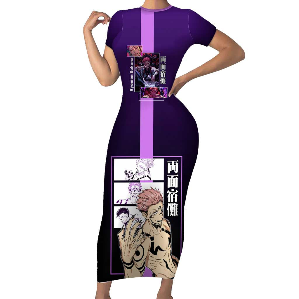 Ryomen Sukuna from Jujutsu Kaisen Short Sleeve Bodycon Dress with Purple Background and Multiple Poses Design - The Mazicc