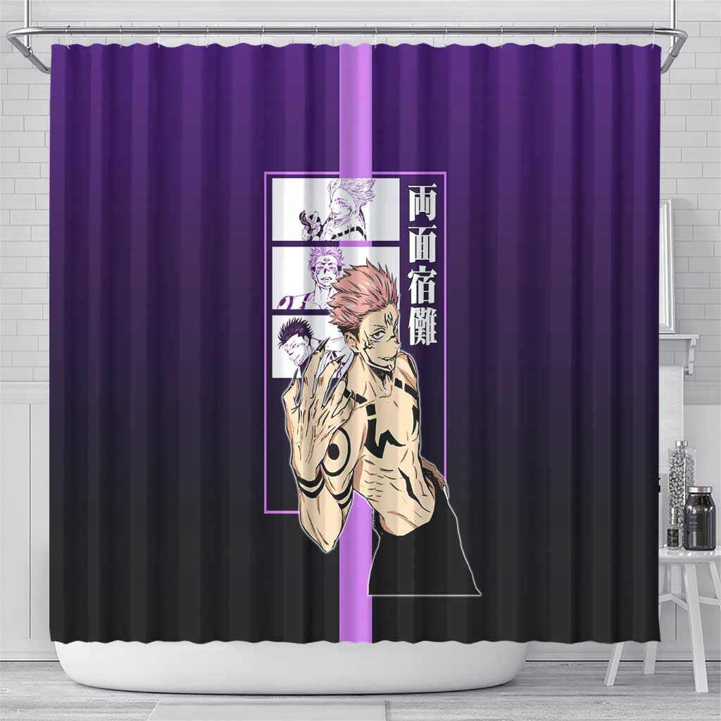 Ryomen Sukuna from Jujutsu Kaisen Shower Curtain with Purple Background and Multiple Poses Design - The Mazicc