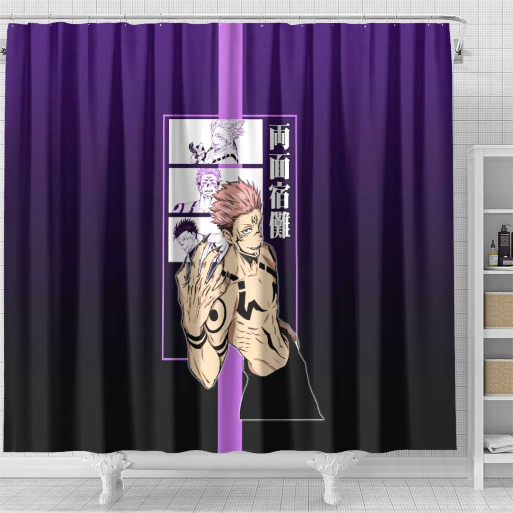 Ryomen Sukuna from Jujutsu Kaisen Shower Curtain with Purple Background and Multiple Poses Design - The Mazicc