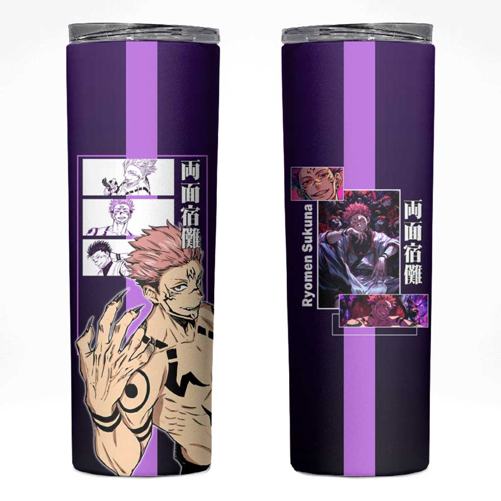 Ryomen Sukuna from Jujutsu Kaisen Skinny Tumbler with Purple Background and Multiple Poses Design - The Mazicc