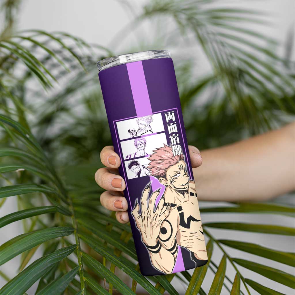 Ryomen Sukuna from Jujutsu Kaisen Skinny Tumbler with Purple Background and Multiple Poses Design - The Mazicc