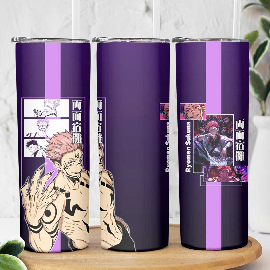 Ryomen Sukuna from Jujutsu Kaisen Skinny Tumbler with Purple Background and Multiple Poses Design - The Mazicc