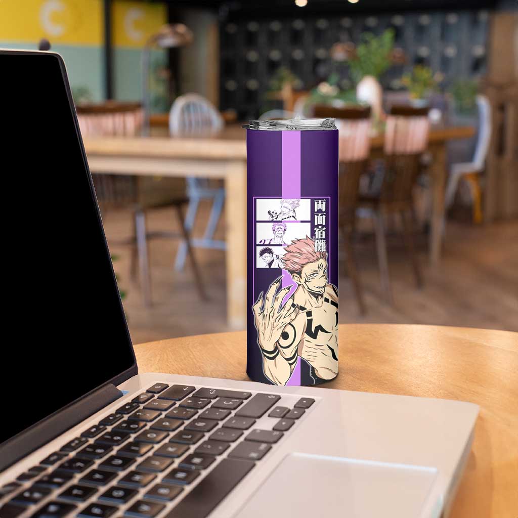 Ryomen Sukuna from Jujutsu Kaisen Skinny Tumbler with Purple Background and Multiple Poses Design - The Mazicc