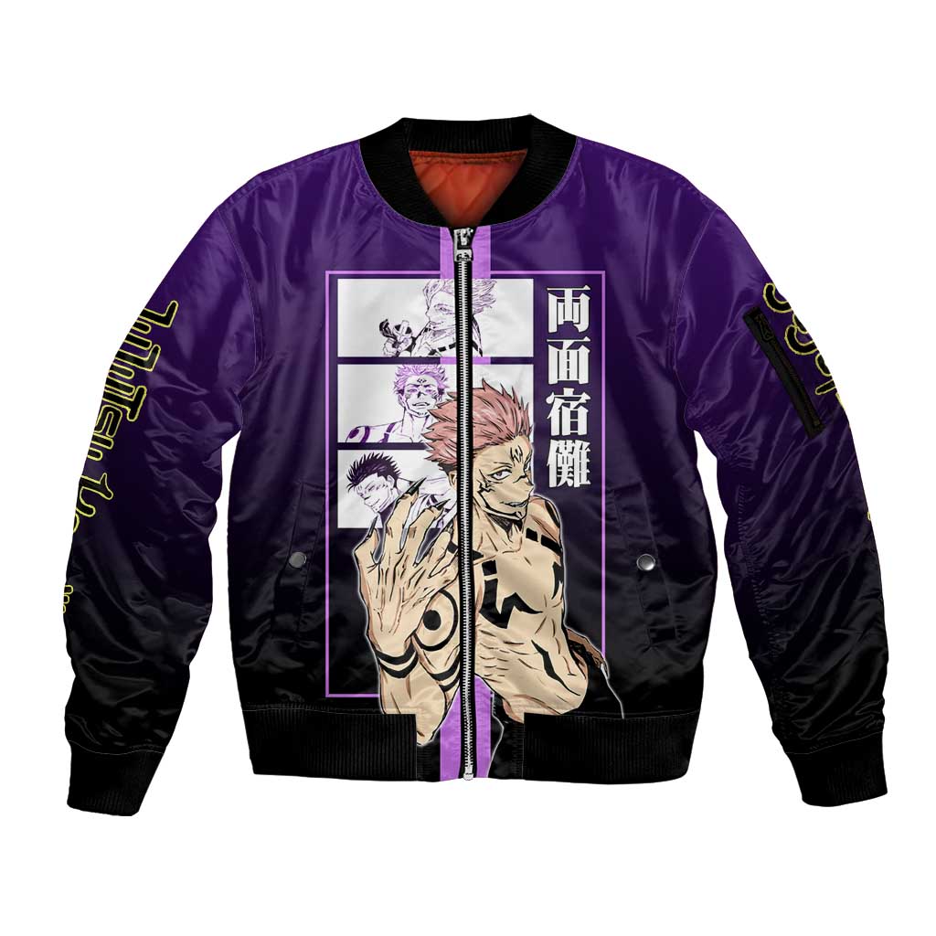 Ryomen Sukuna from Jujutsu Kaisen Sleeve Zip Bomber Jacket with Purple Background and Multiple Poses Design - The Mazicc