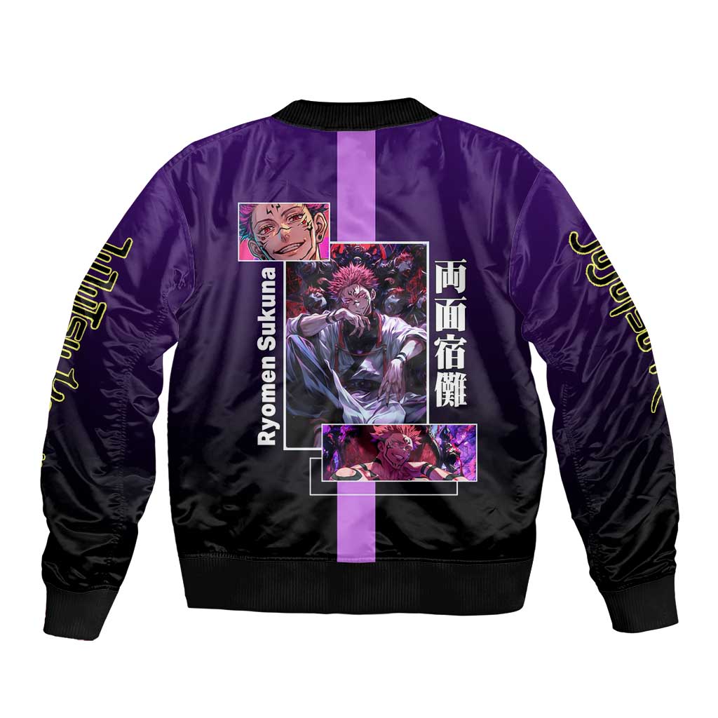 Ryomen Sukuna from Jujutsu Kaisen Sleeve Zip Bomber Jacket with Purple Background and Multiple Poses Design - The Mazicc