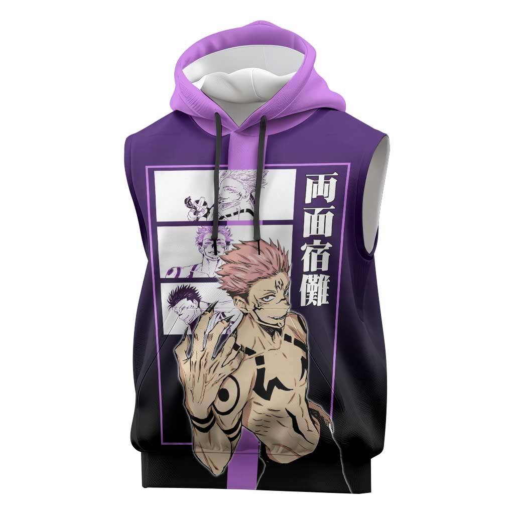 Ryomen Sukuna from Jujutsu Kaisen Sleeveless Hoodie with Purple Background and Multiple Poses Design - The Mazicc