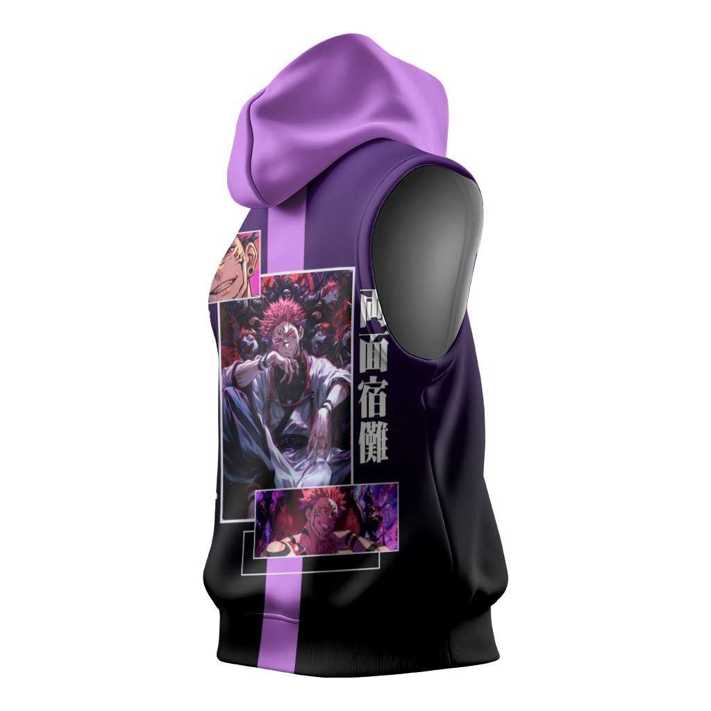 Ryomen Sukuna from Jujutsu Kaisen Sleeveless Hoodie with Purple Background and Multiple Poses Design - The Mazicc