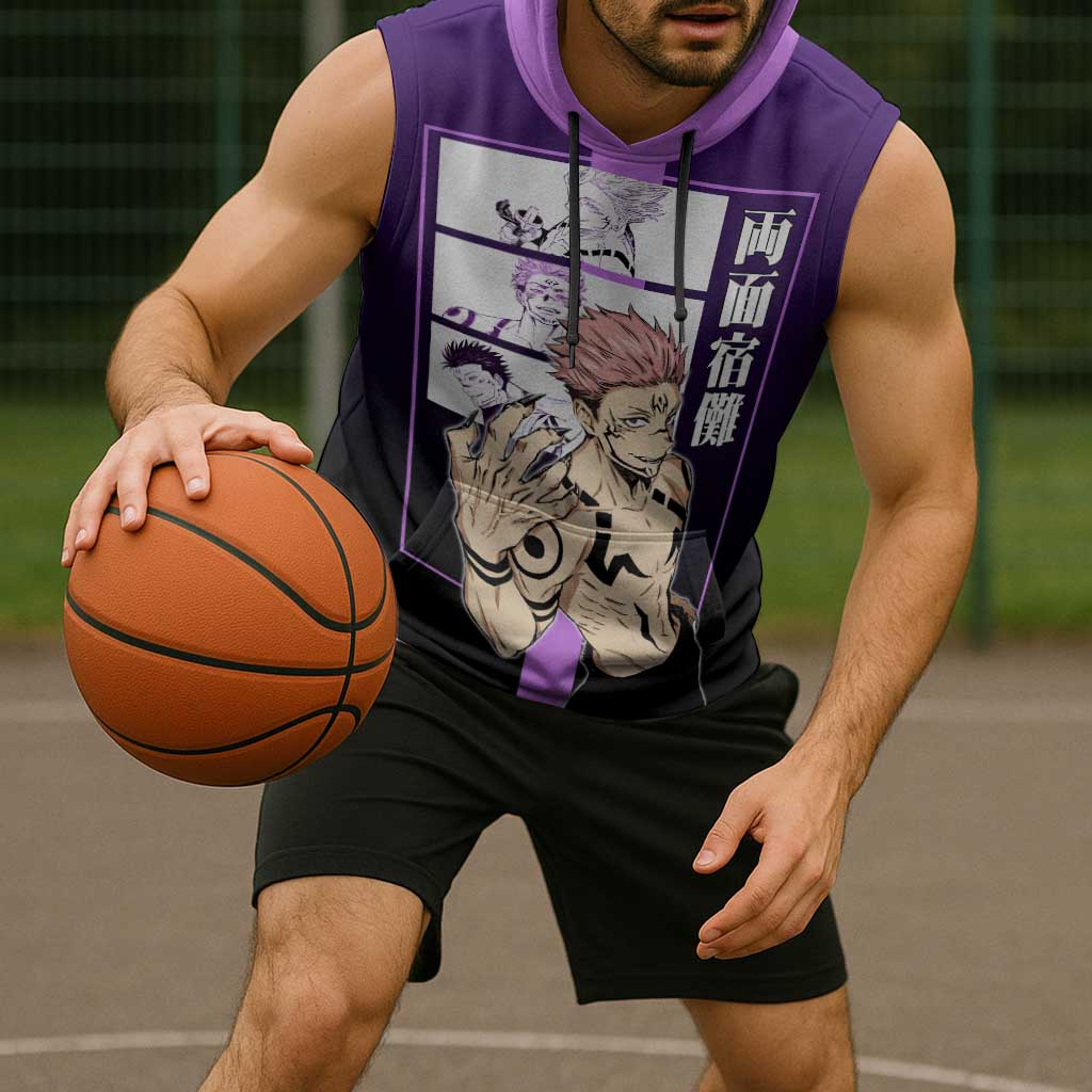 Ryomen Sukuna from Jujutsu Kaisen Sleeveless Hoodie with Purple Background and Multiple Poses Design - The Mazicc