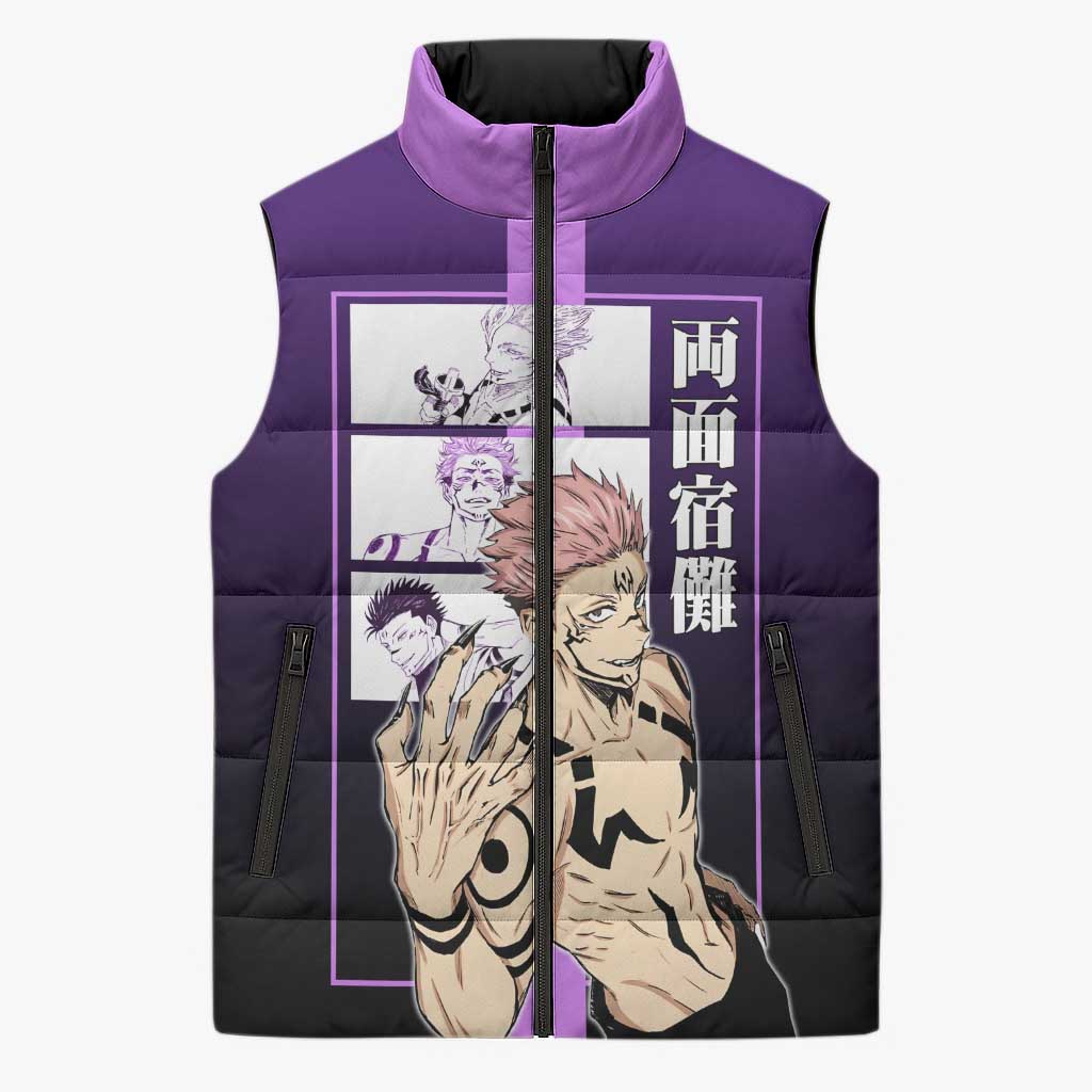 Ryomen Sukuna from Jujutsu Kaisen Sleeveless Puffer Jacket with Purple Background and Multiple Poses Design - The Mazicc