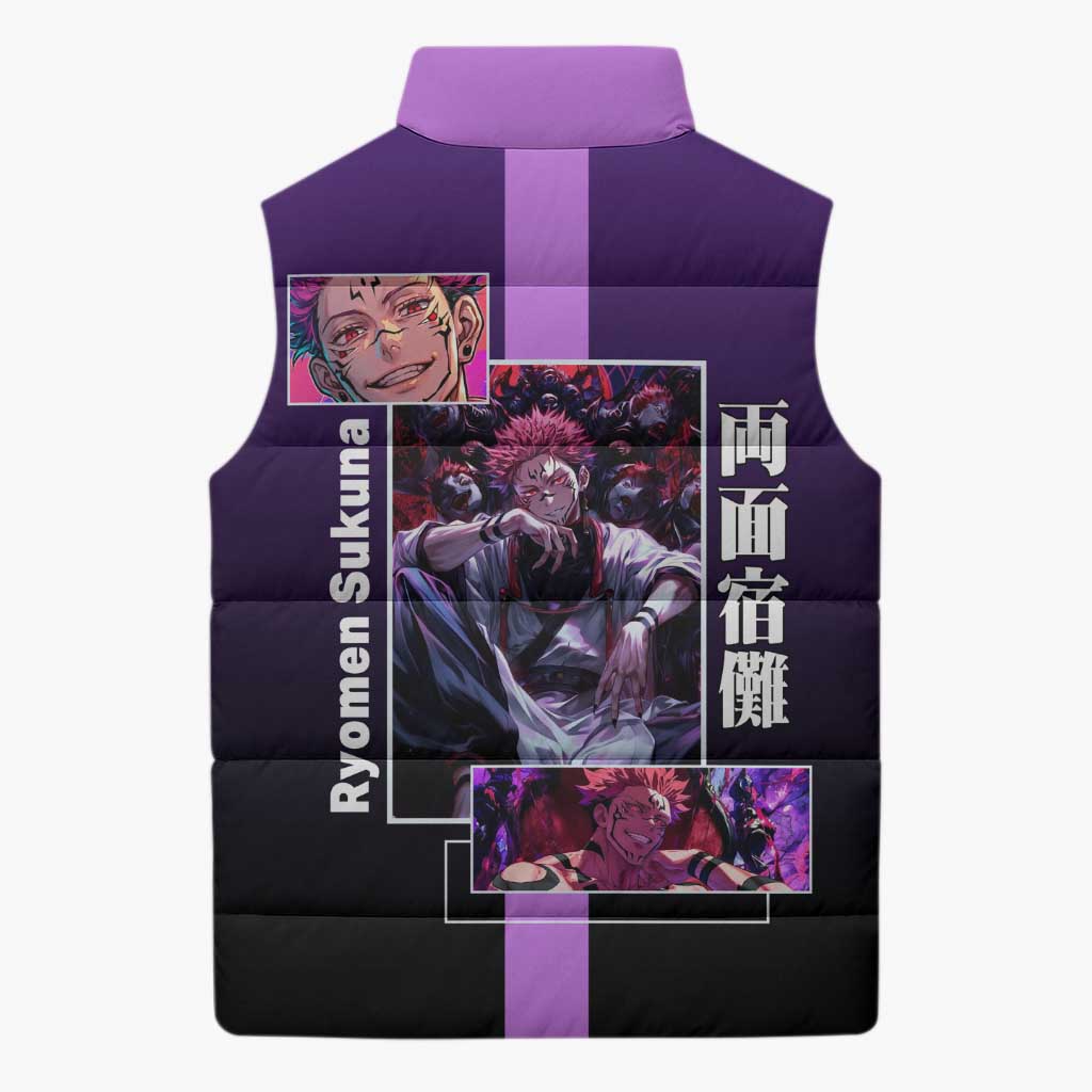 Ryomen Sukuna from Jujutsu Kaisen Sleeveless Puffer Jacket with Purple Background and Multiple Poses Design - The Mazicc
