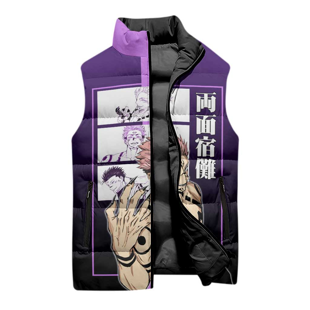 Ryomen Sukuna from Jujutsu Kaisen Sleeveless Puffer Jacket with Purple Background and Multiple Poses Design - The Mazicc