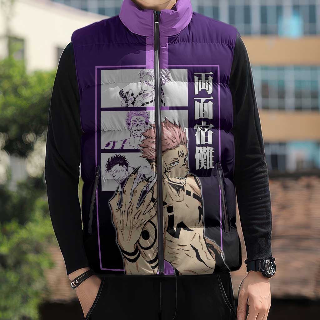 Ryomen Sukuna from Jujutsu Kaisen Sleeveless Puffer Jacket with Purple Background and Multiple Poses Design - The Mazicc