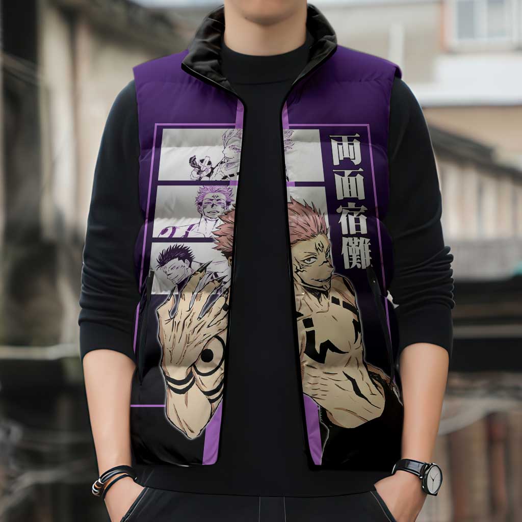 Ryomen Sukuna from Jujutsu Kaisen Sleeveless Puffer Jacket with Purple Background and Multiple Poses Design - The Mazicc