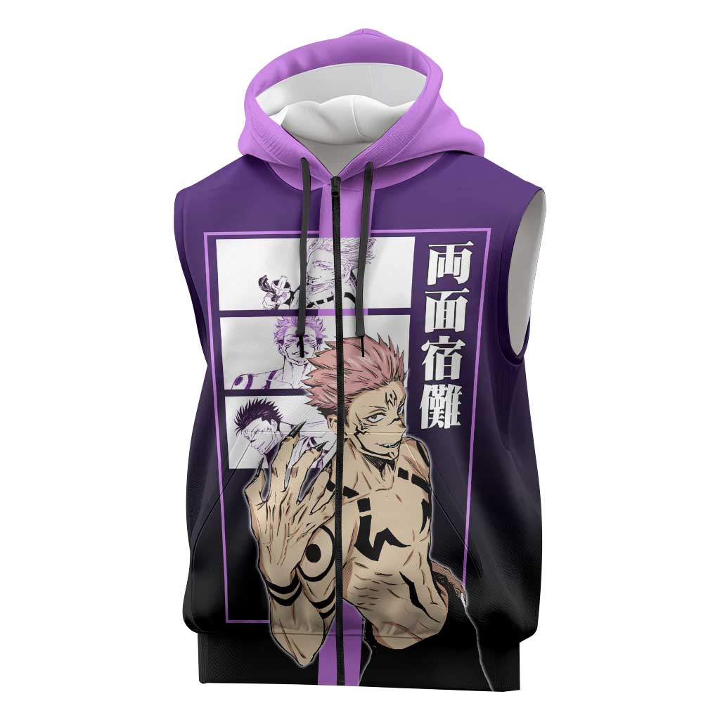 Ryomen Sukuna from Jujutsu Kaisen Sleeveless Zip Hoodie with Purple Background and Multiple Poses Design - The Mazicc