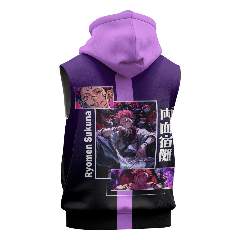 Ryomen Sukuna from Jujutsu Kaisen Sleeveless Zip Hoodie with Purple Background and Multiple Poses Design - The Mazicc