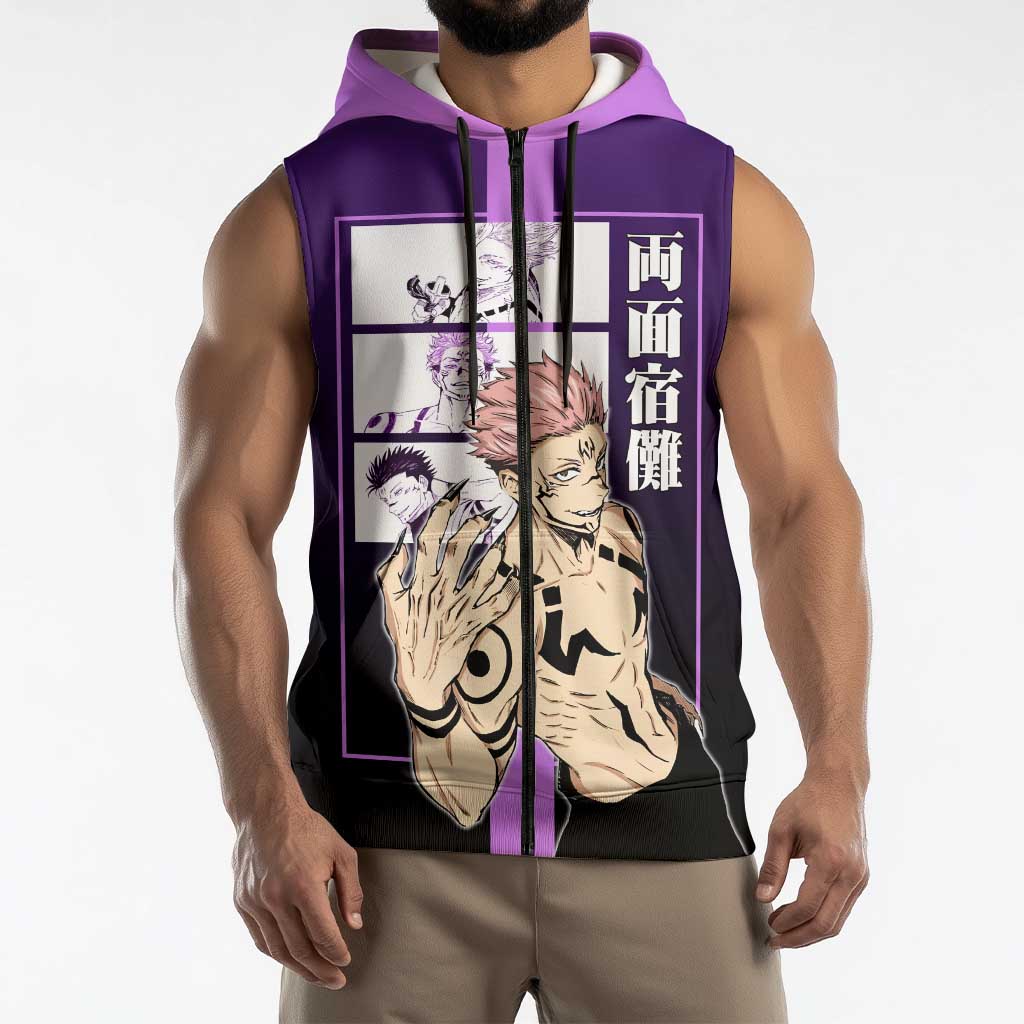 Ryomen Sukuna from Jujutsu Kaisen Sleeveless Zip Hoodie with Purple Background and Multiple Poses Design - The Mazicc