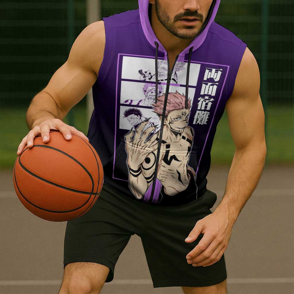 Ryomen Sukuna from Jujutsu Kaisen Sleeveless Zip Hoodie with Purple Background and Multiple Poses Design - The Mazicc