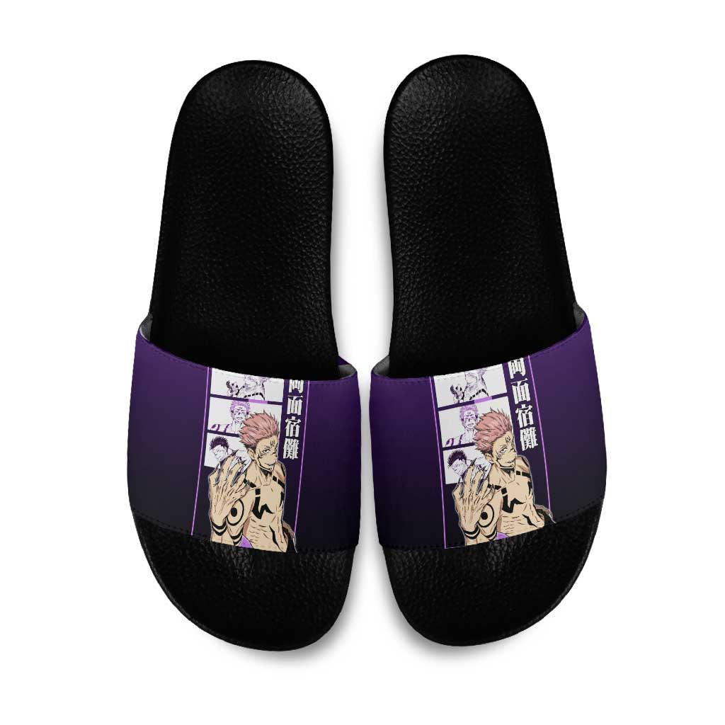 Ryomen Sukuna from Jujutsu Kaisen Slide Sandals with Purple Background and Multiple Poses Design - The Mazicc