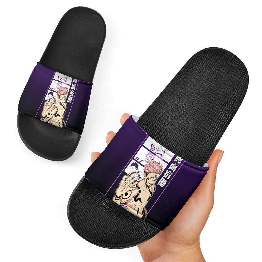 Ryomen Sukuna from Jujutsu Kaisen Slide Sandals with Purple Background and Multiple Poses Design - The Mazicc