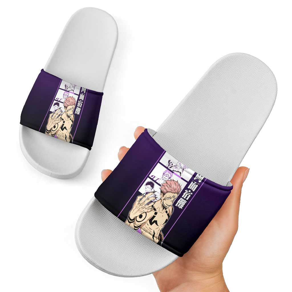 Ryomen Sukuna from Jujutsu Kaisen Slide Sandals with Purple Background and Multiple Poses Design - The Mazicc