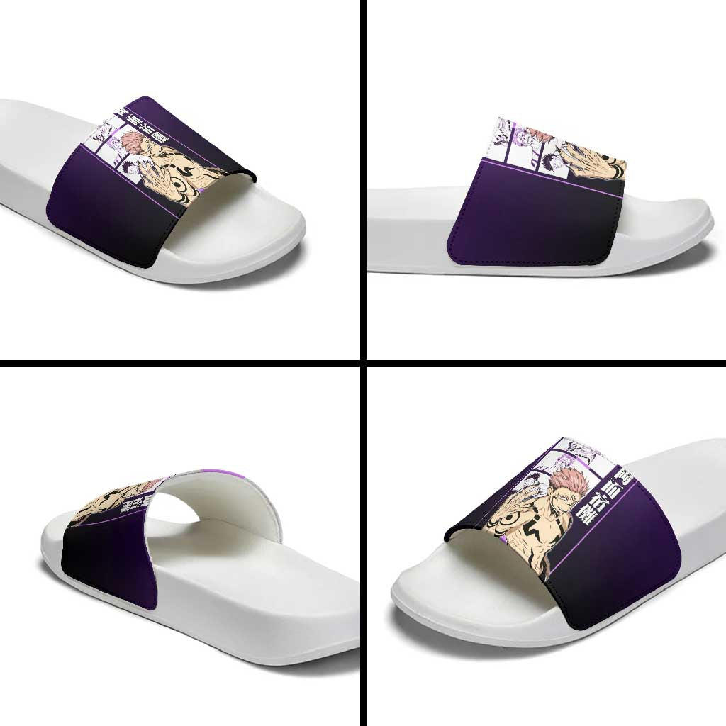 Ryomen Sukuna from Jujutsu Kaisen Slide Sandals with Purple Background and Multiple Poses Design - The Mazicc