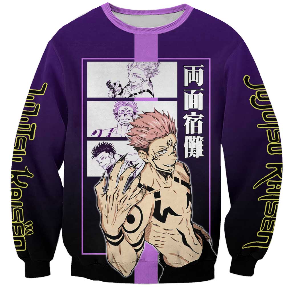 Ryomen Sukuna from Jujutsu Kaisen Sweatshirt with Purple Background and Multiple Poses Design - The Mazicc