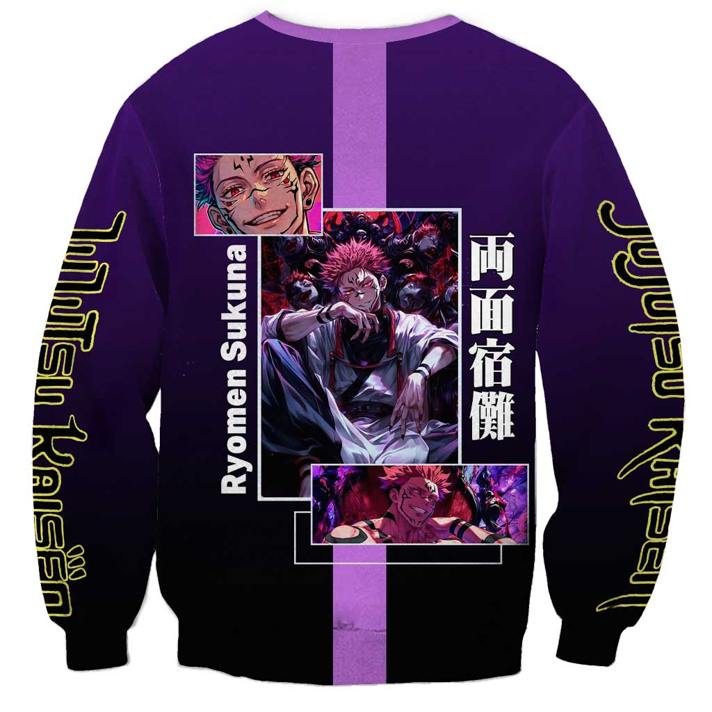 Ryomen Sukuna from Jujutsu Kaisen Sweatshirt with Purple Background and Multiple Poses Design - The Mazicc