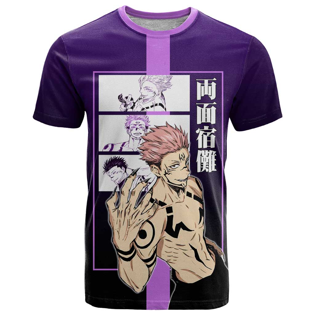 Ryomen Sukuna from Jujutsu Kaisen T Shirt with Purple Background and Multiple Poses Design - The Mazicc