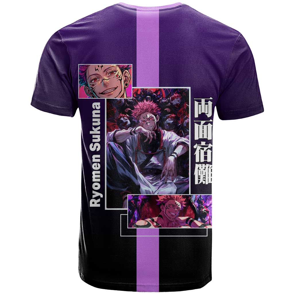 Ryomen Sukuna from Jujutsu Kaisen T Shirt with Purple Background and Multiple Poses Design - The Mazicc